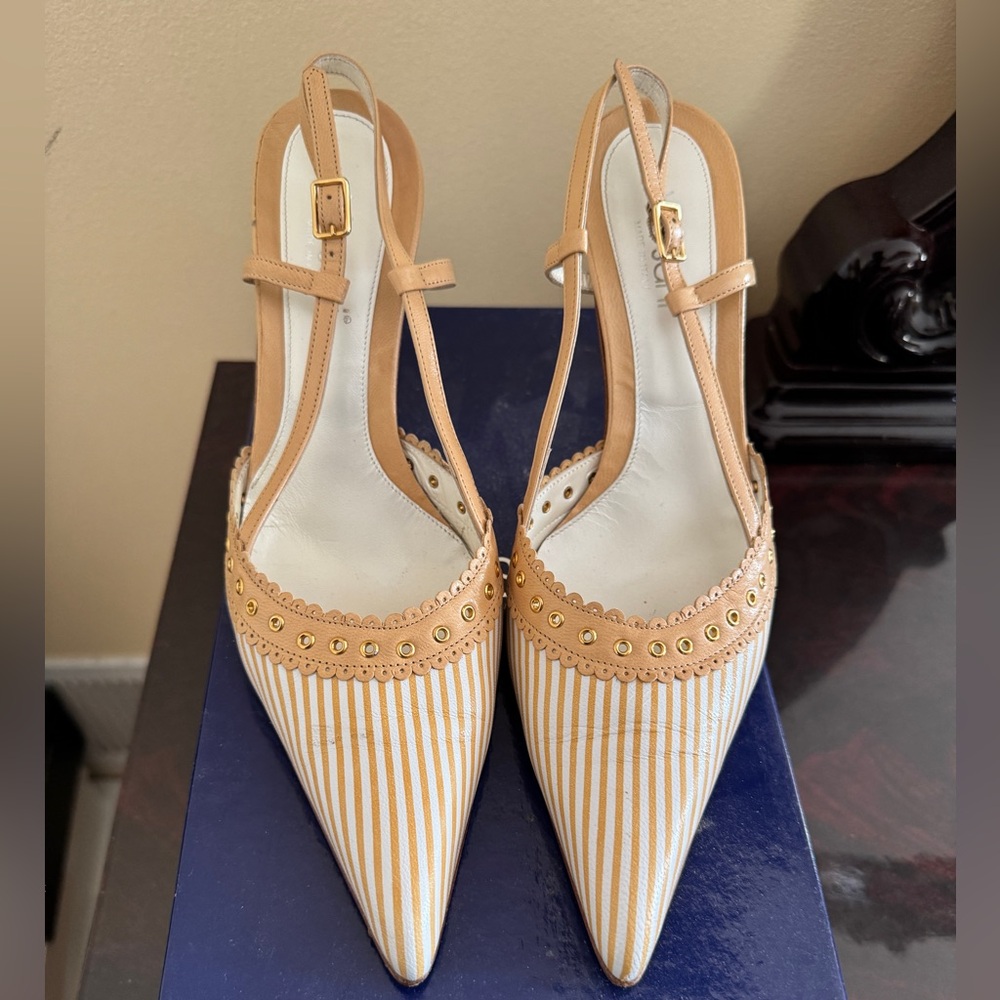 Versani Striped Tan and White Women's Slingback Heels